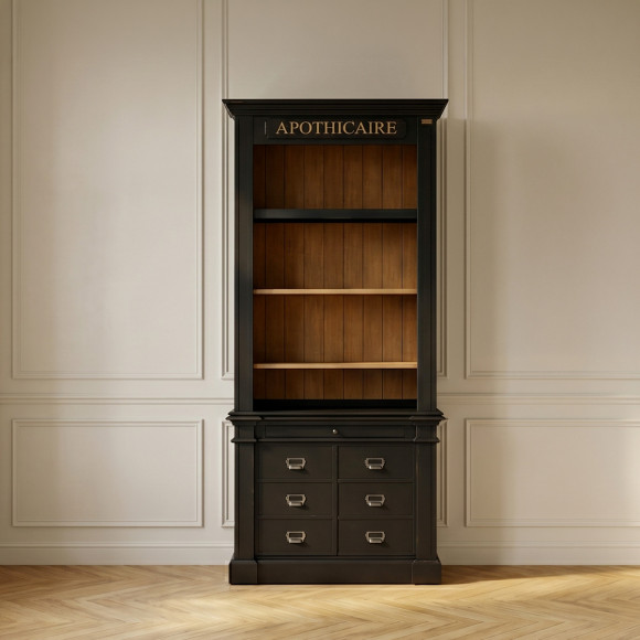 Bibliotheek GASPARD - Klassieke stijl in hout, antieke patina, 2 deuren, 4 planken, 1 lade