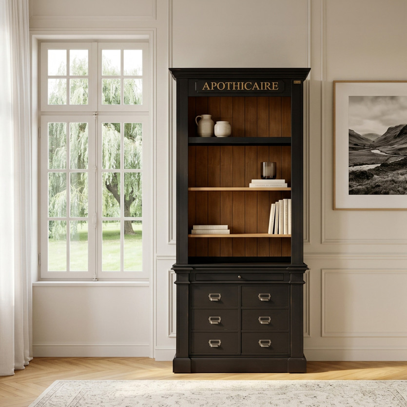 GASPARD Library - Classic wooden style, antique patina, 2 doors, 4 shelves, 1 drawer