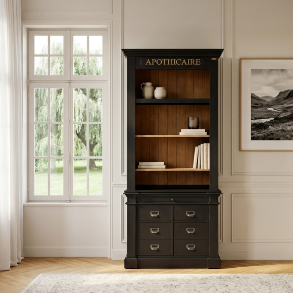 Bibliothèque GASPARD - Style classique en bois, patine antiquaire, 2 portes, 4 étagères, 1 tirette