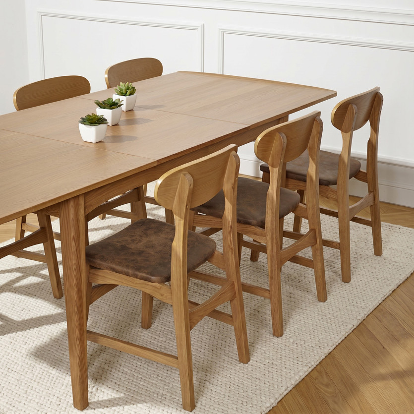 Table de repas avec rallonge DALHIA - Style scandinave en chêne, 6/8 couverts, bois certifié FSC®