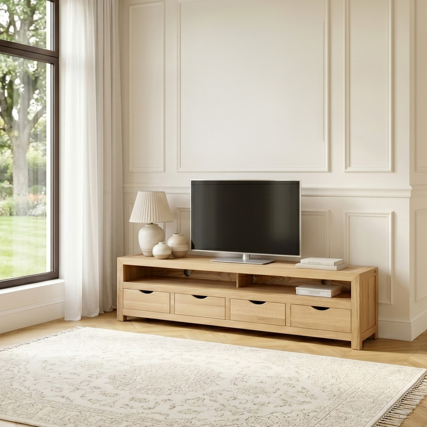 Meuble TV DANIA – Style contemporain, plateau en chêne, 4 tiroirs, 1 niche