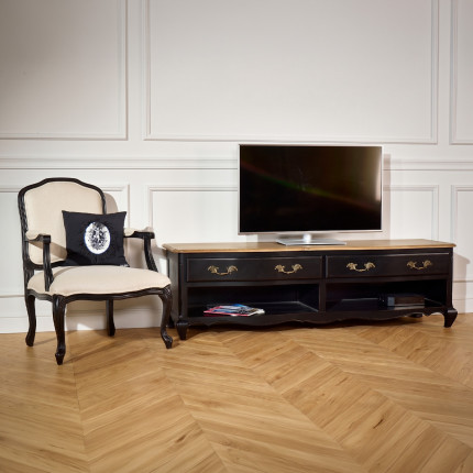 SAVOY - Meuble TV style shabby chic plateau chêne, 2 niches, 2 tiroirs