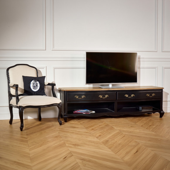 SAVOY - Meuble TV style shabby chic plateau chêne, 2 niches, 2 tiroirs