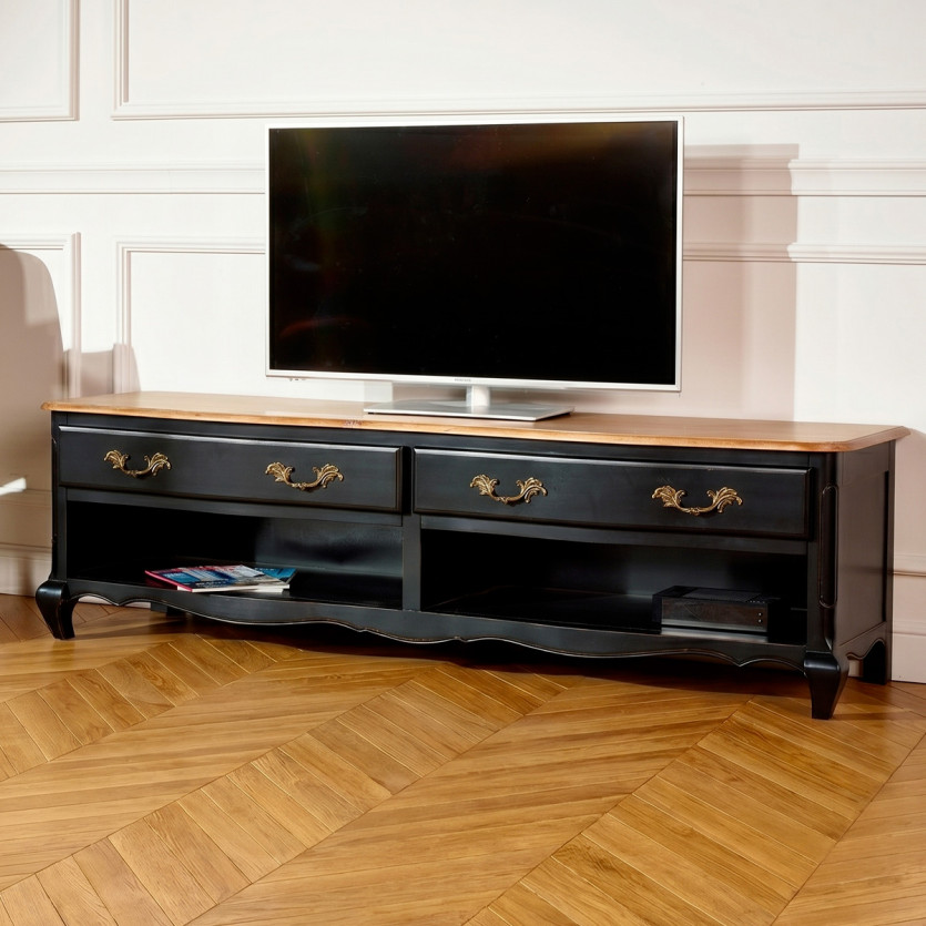 SAVOY - Meuble TV style shabby chic plateau chêne, 2 niches, 2 tiroirs