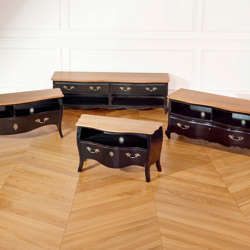 SAVOY - Meuble TV style shabby chic plateau chêne, 2 niches, 2 tiroirs