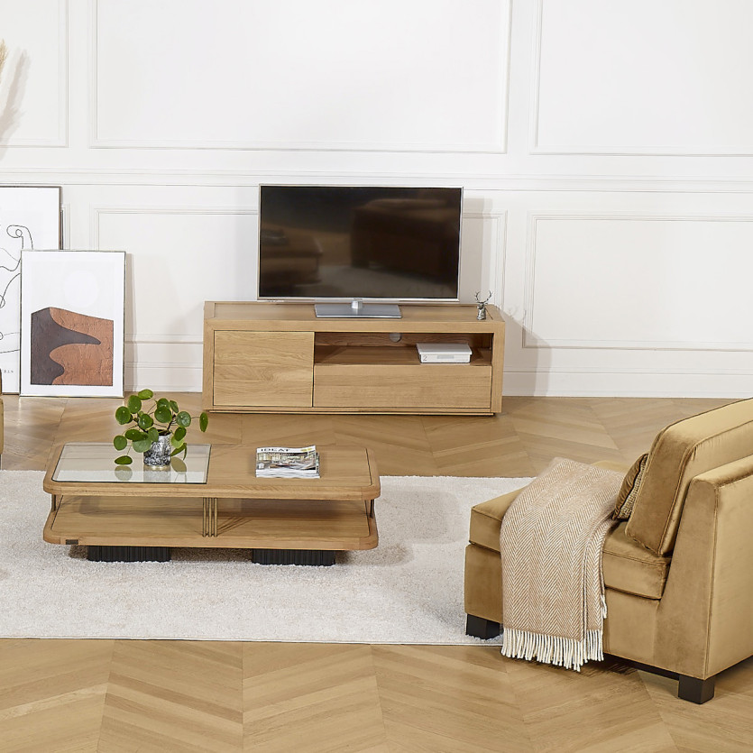 Meuble TV CAMILLE - Style contemporain, plateau en chêne,1 tiroir, 1 porte, 140 cm