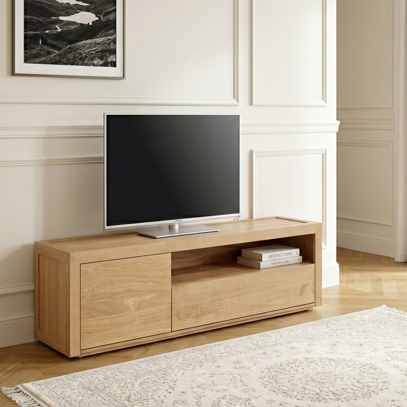 Meuble TV CAMILLE - Style contemporain, plateau en chêne,1 tiroir, 1 porte, 140 cm
