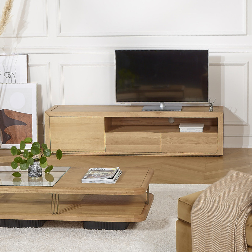 Meuble TV CAMILLE - Style contemporain, plateau en chêne, 2 tiroirs, 1 porte, 180 cm