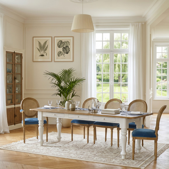 ALEXIS dining table - Coastal style in solid wood, white legs, 8 seats