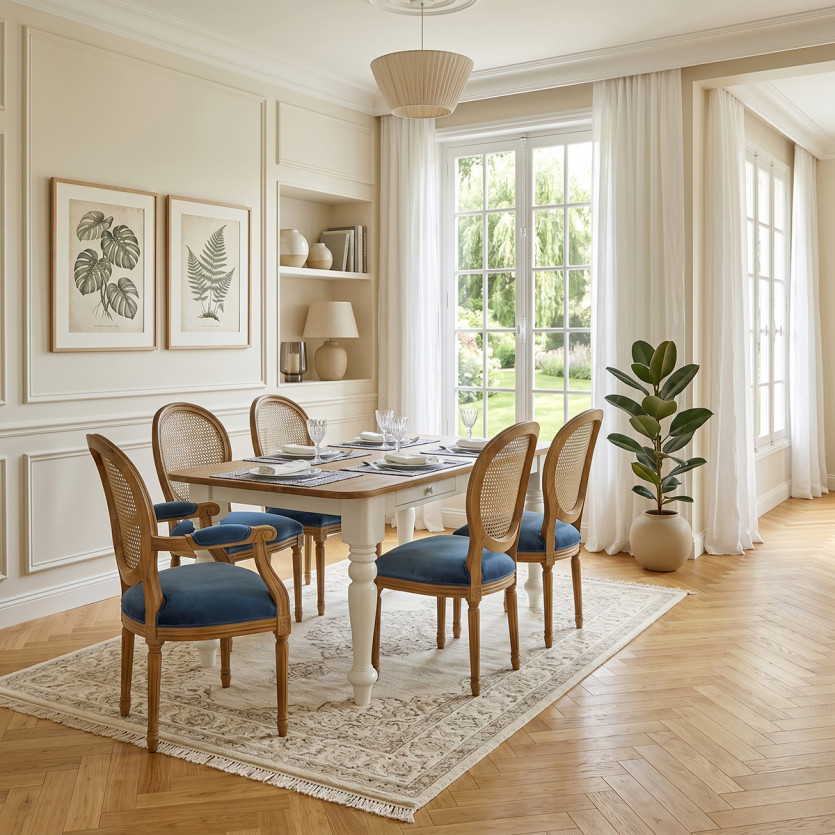 MEDAILLON -  Fauteuil style Louis XVI en tissu velours bleu orage, bois massif et rotin, 1 place