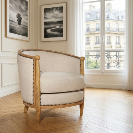 Fauteuil tonneau CAROLE – Style romantique en chêne et lin coton, bois certifié FSC®, 1 place