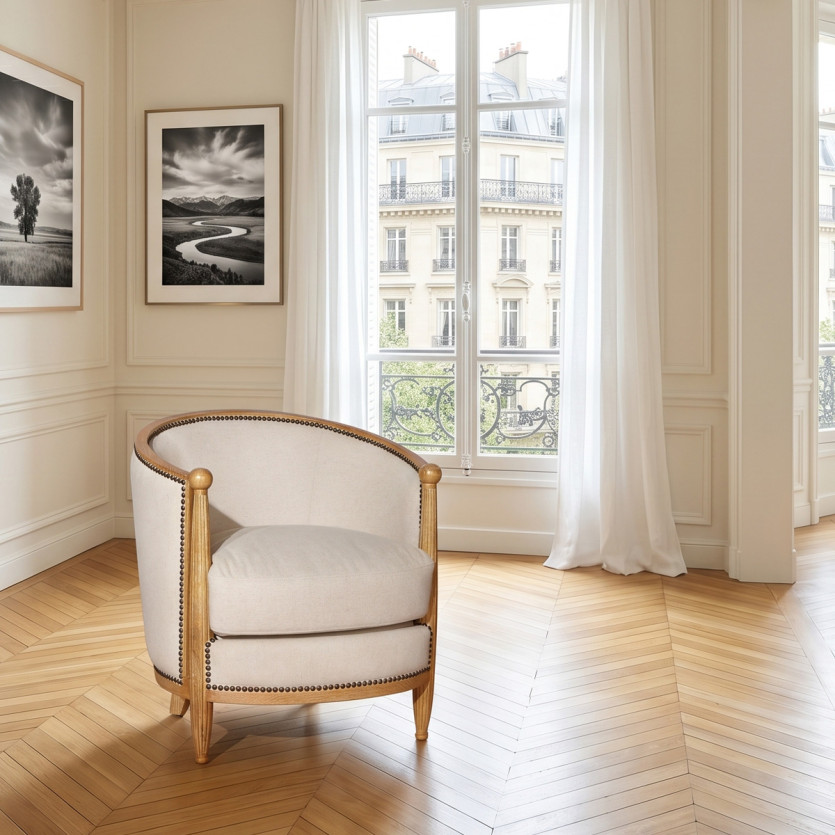 Fauteuil tonneau CAROLE – Style romantique en chêne et lin coton, bois certifié FSC®, 1 place