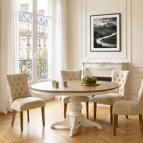 Table à manger extensible ARIANE -  Style romantique, plateau chêne, pied blanc, 4/6 couverts