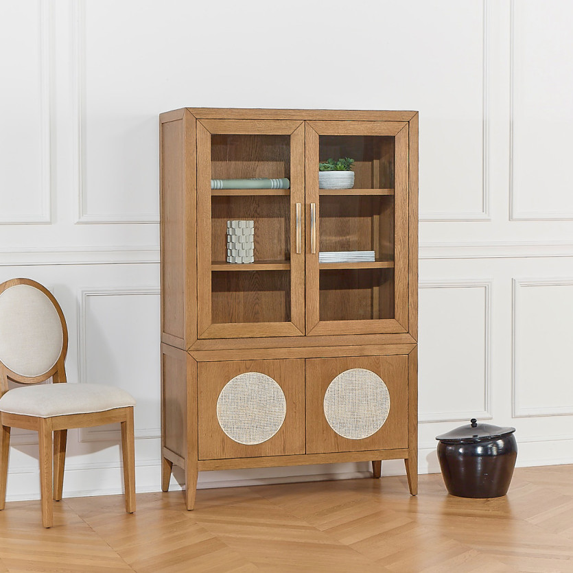 Buffetschrank MONTANA aus Eiche mit Rattangeflecht, Zeitgenössischer Stil , 4 Türen, 3 Regale