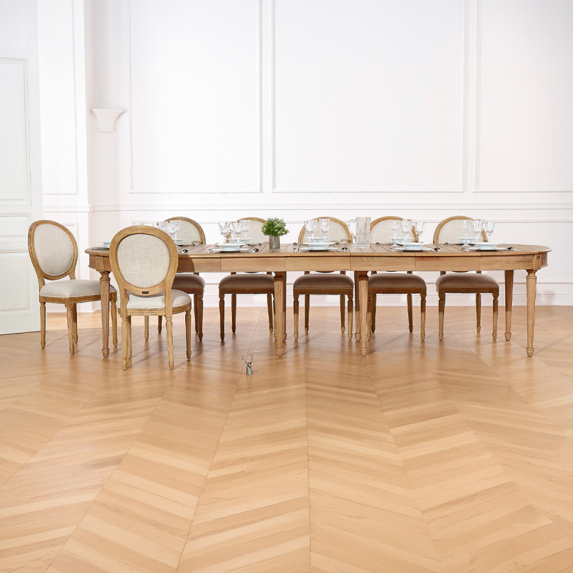 Mesa de comedor extensible GIOVANNI - Estilo romántico, tablero de roble macizo, 6/14 cubiertos