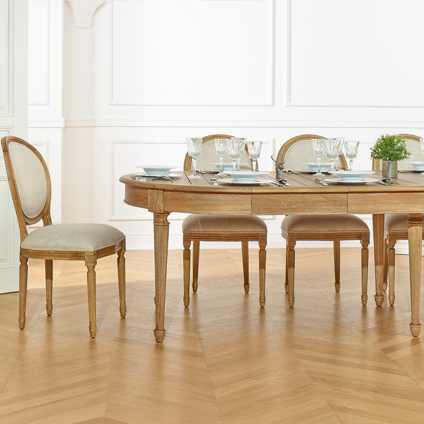 Mesa de comedor extensible GIOVANNI - Estilo romántico, tablero de roble macizo, 6/14 cubiertos