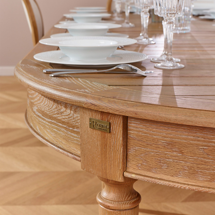 Mesa de comedor extensible GIOVANNI - Estilo romántico, tablero de roble macizo, 6/14 cubiertos