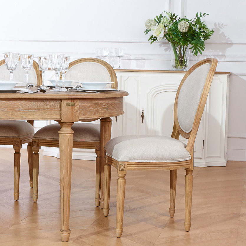 Mesa de comedor extensible GIOVANNI - Estilo romántico, tablero de roble macizo, 6/14 cubiertos