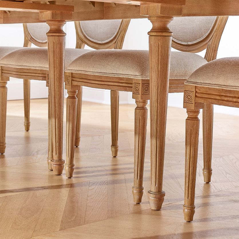 Mesa de comedor extensible GIOVANNI - Estilo romántico, tablero de roble macizo, 6/14 cubiertos