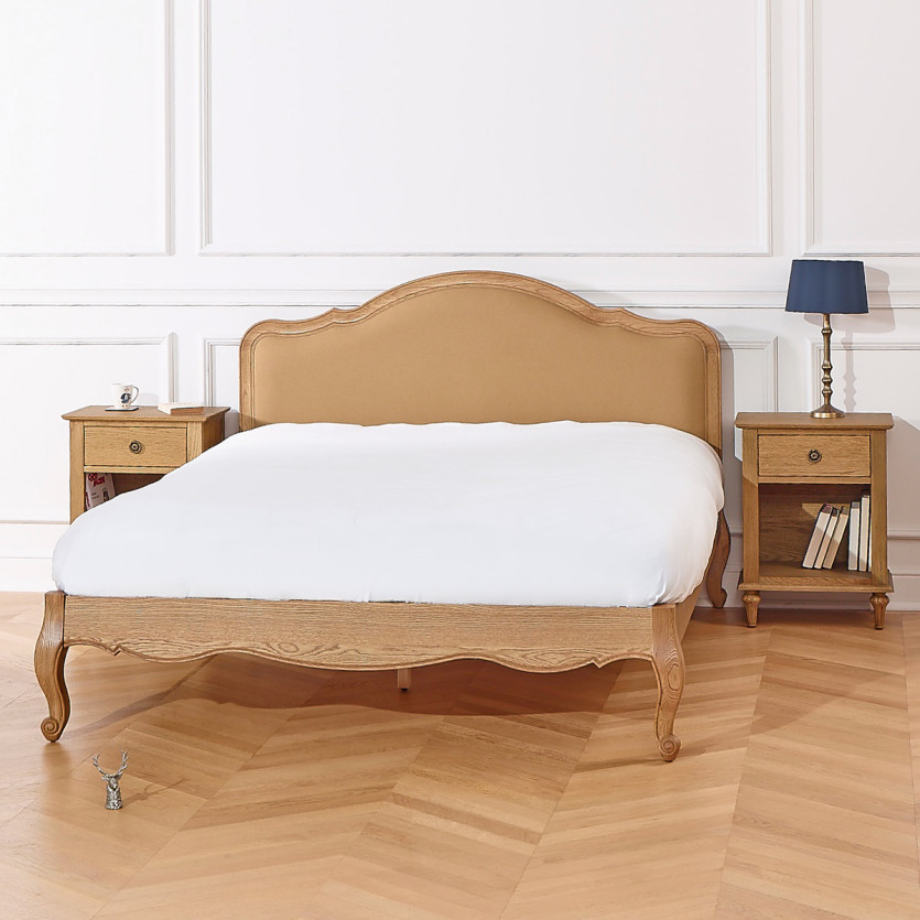 RALPH CAMEL Double Bed - Romantic style in oak and premium linen 160 x 200
