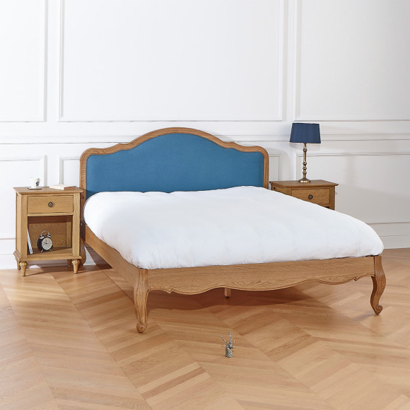 Cama de casal HENRY RALPH DENIM - Estilo romântico em carvalho e linho, 160 x 200