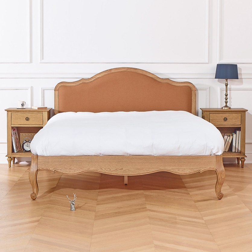 Doppelbett HENRY RALPH TABACO - Romantischer Stil in Eiche und Leinen, 160 x 200