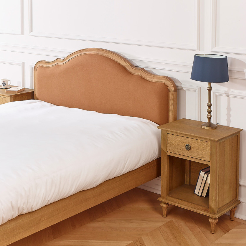 Doppelbett HENRY RALPH TABACO - Romantischer Stil in Eiche und Leinen, 160 x 200