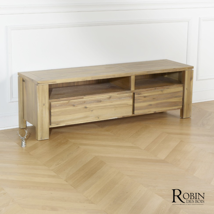 ENZO - Meuble TV style moderne en bois, 2 niches, 2 tiroirs