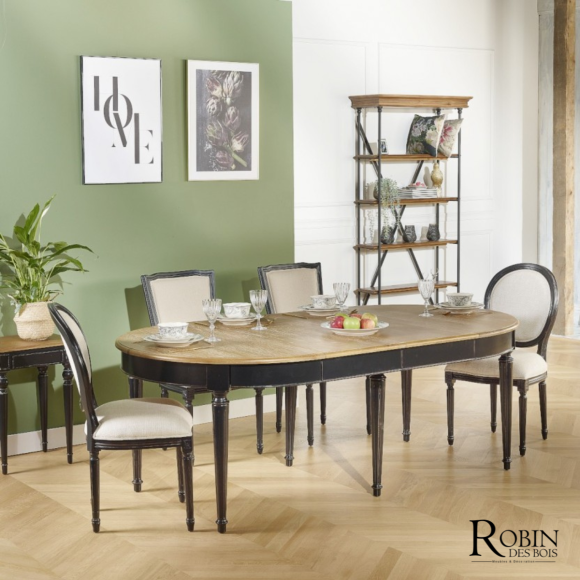 Table à manger extensible FLORENCE - Style shabby chic en chêne, pieds noirs, 4/10 couverts