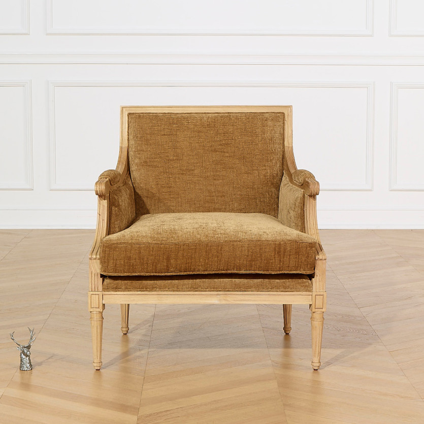 Fauteuil bergère VILLANDRY COGNAC SAUVAGE - Style classique en bois massif, 1 place