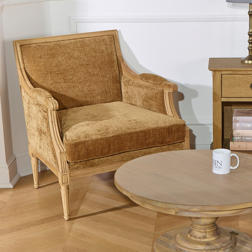 Fauteuil bergère VILLANDRY COGNAC SAUVAGE - Style classique en bois massif, 1 place