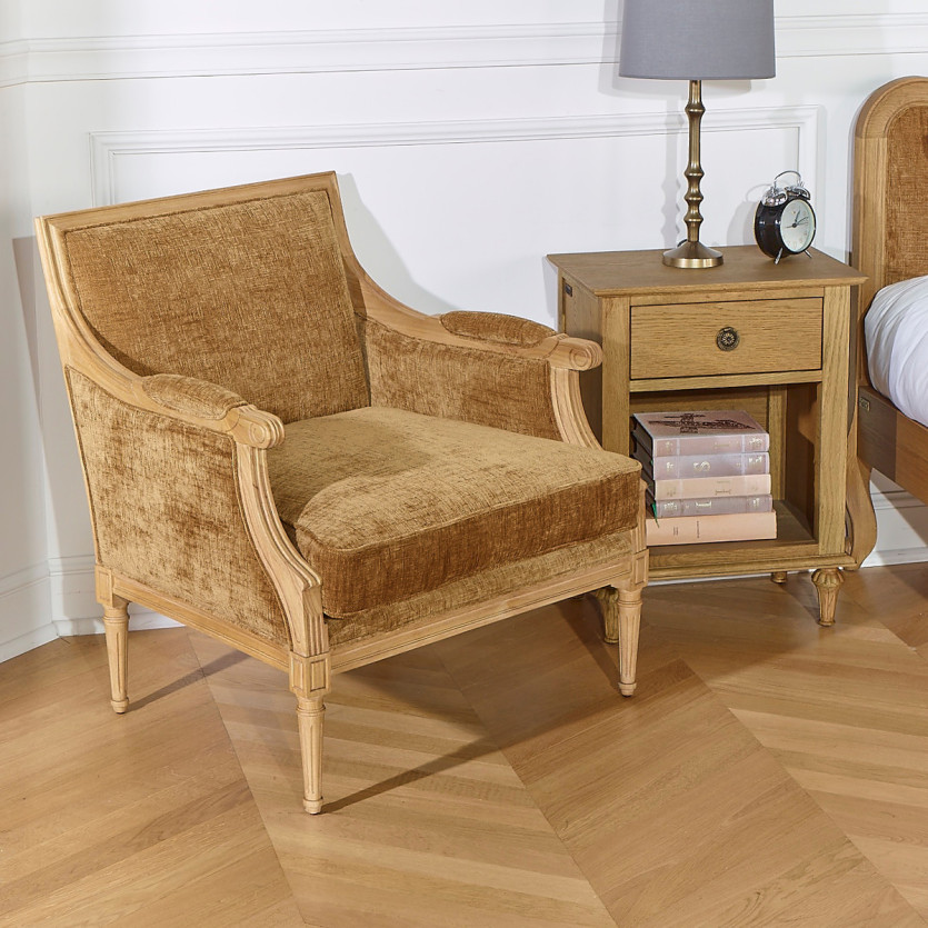 Fauteuil bergère VILLANDRY COGNAC SAUVAGE - Style classique en bois massif, 1 place