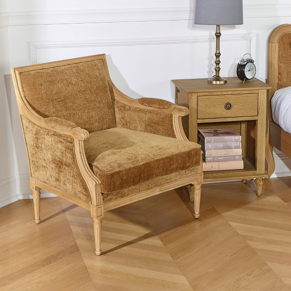 Fauteuil bergère VILLANDRY COGNAC SAUVAGE - Style classique en bois massif, 1 place