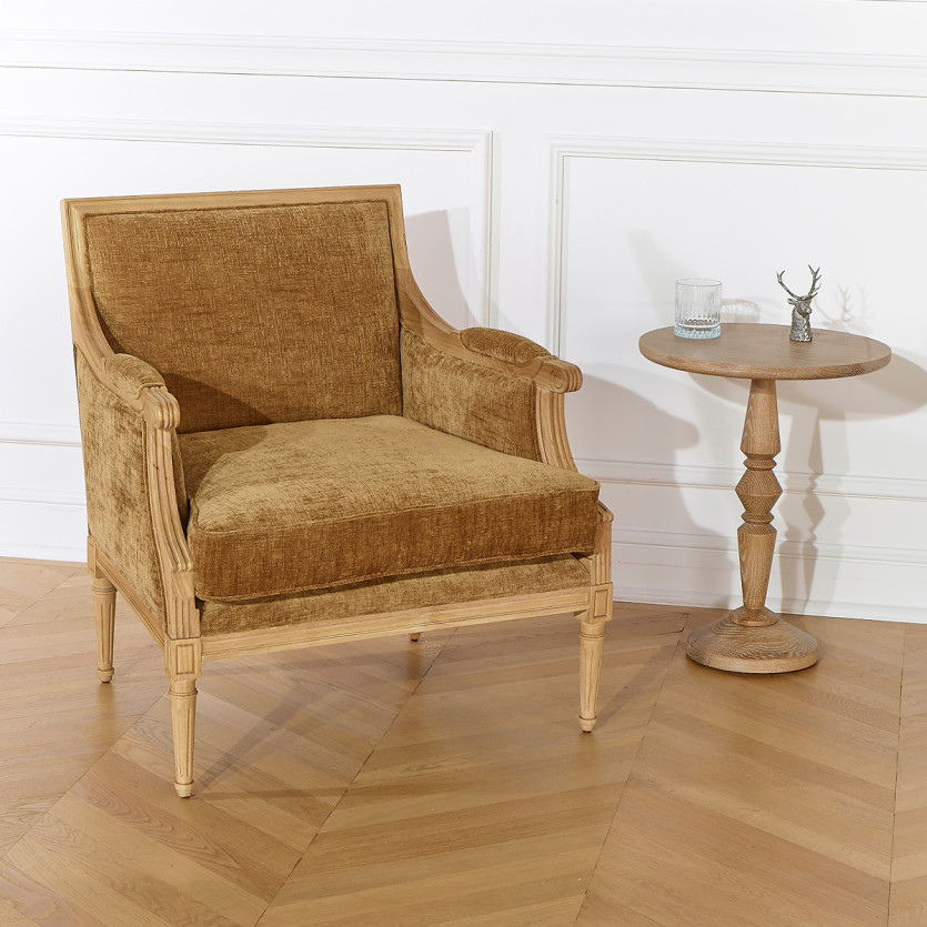 Fauteuil bergère VILLANDRY COGNAC SAUVAGE - Style classique en bois massif, 1 place