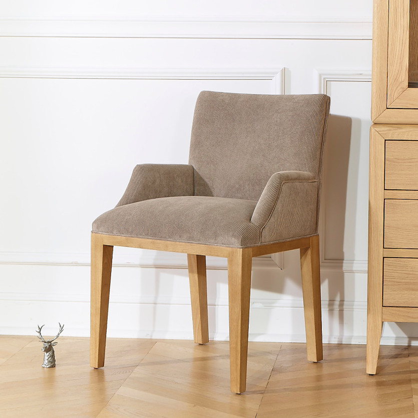 Fauteuil de table TARA -  Style industriel en bois massif et velours côtelé, 1 place