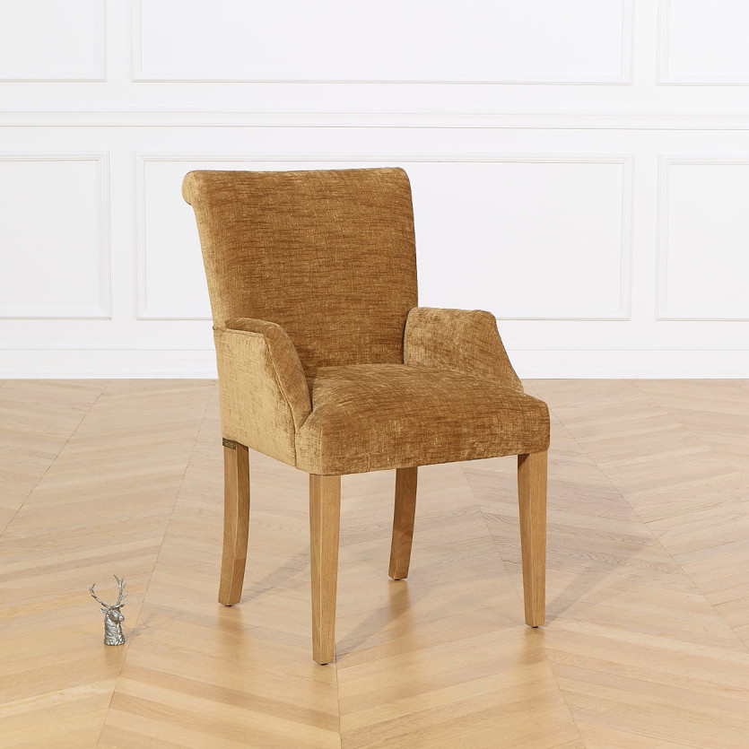Fauteuil de table ALISON - Style contemporain, pieds en bois massif, tissu cognac