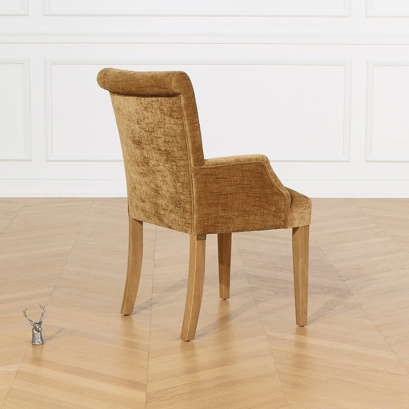 Fauteuil de table ALISON - Style contemporain, pieds en bois massif, tissu cognac