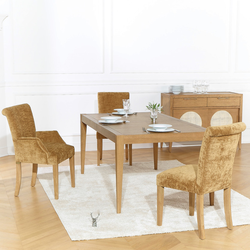 Fauteuil de table ALISON - Style contemporain, pieds en bois massif, tissu cognac
