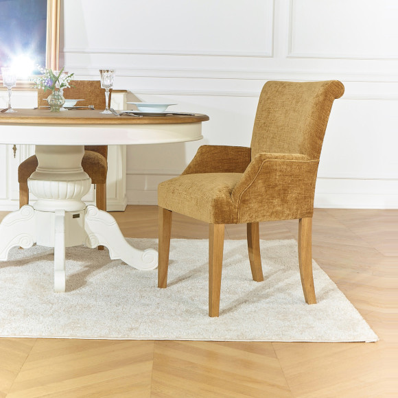 Fauteuil de table ALISON - Style contemporain, pieds en bois massif, tissu cognac
