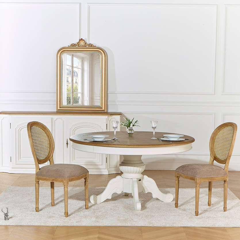 Set of 2 MEDAILLON chairs - Shabby chic style in solid wood, cane backrest