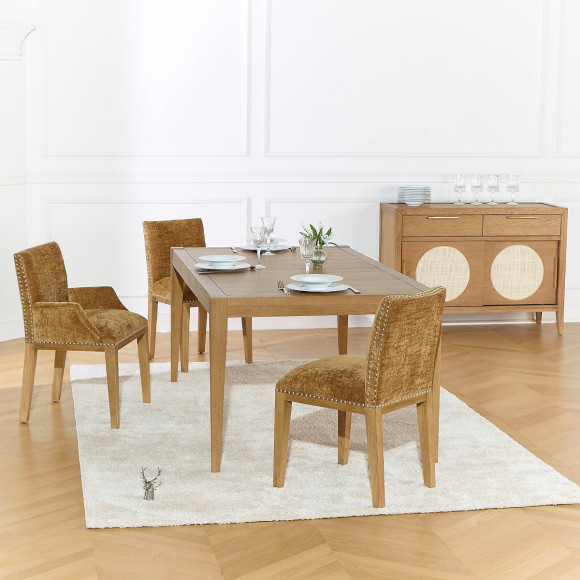 Cadeira de mesa CLARA - Estilo industrial em madeira maciça e tecido texturizado conhaque, 1 lugar