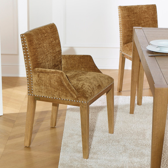 Fauteuil de table CLARA - Style industriel en bois massif et tissu texturé cognac, 1 place
