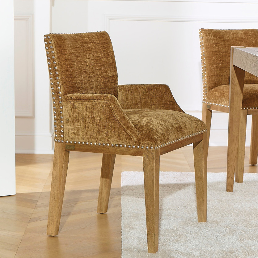 CLARA Table Chair - Industrial style in solid wood and cognac textured fabric, 1 seat