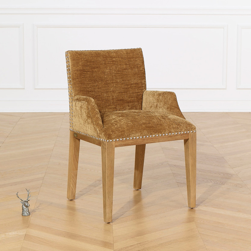 Fauteuil de table CLARA - Style industriel en bois massif et tissu texturé cognac, 1 place