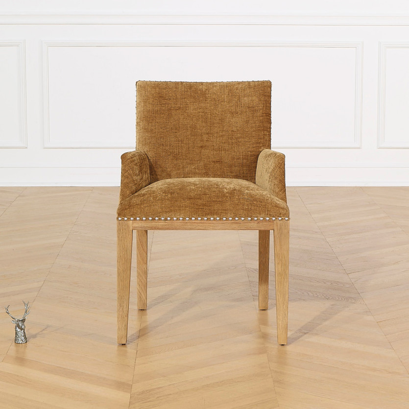 Fauteuil de table CLARA - Style industriel en bois massif et tissu texturé cognac, 1 place