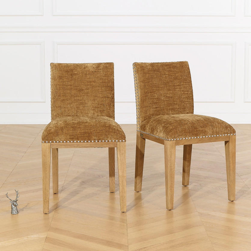 Lot de 2 chaises CLARA - Style industriel en bois massif et tissu cognac