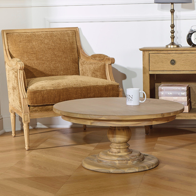 Mesa de centro redonda TODD - Estilo chalé, base central em madeira maciça, 80 cm