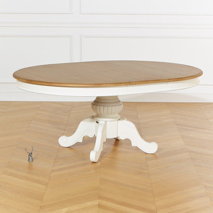 AMBOISE - Mesa de comedor extensible blanca, tablero de roble, 6 / 8 cubiertos