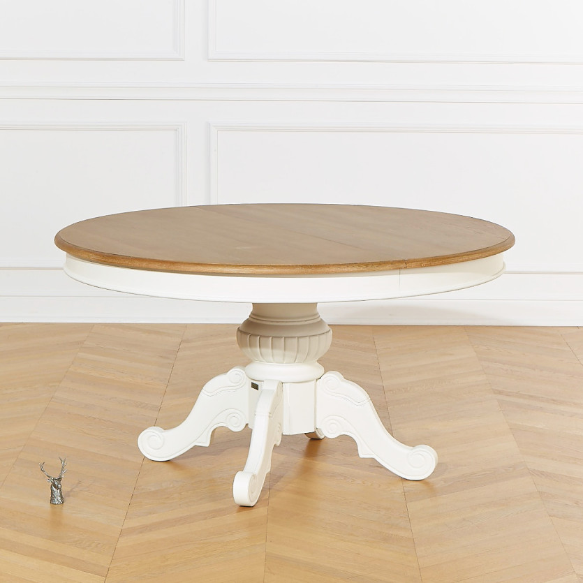 AMBOISE - Mesa de comedor extensible blanca, tablero de roble, 6 / 8 cubiertos