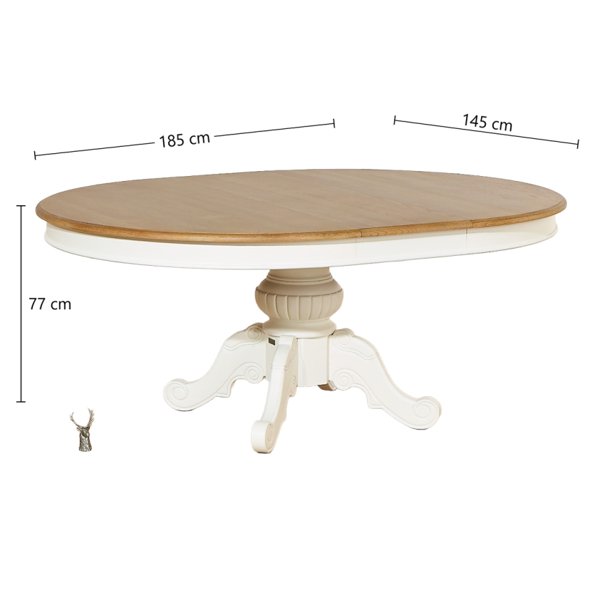 AMBOISE - Mesa de comedor extensible blanca, tablero de roble, 6 / 8 cubiertos